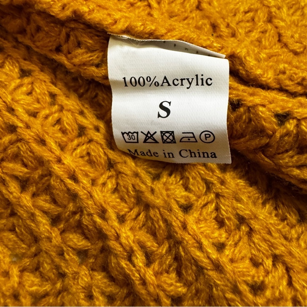 Mustard Yellow Turtle Cowl Neck Chunky Knit Sweater Size Small Asymmetrical Hem - Picture 5 of 10